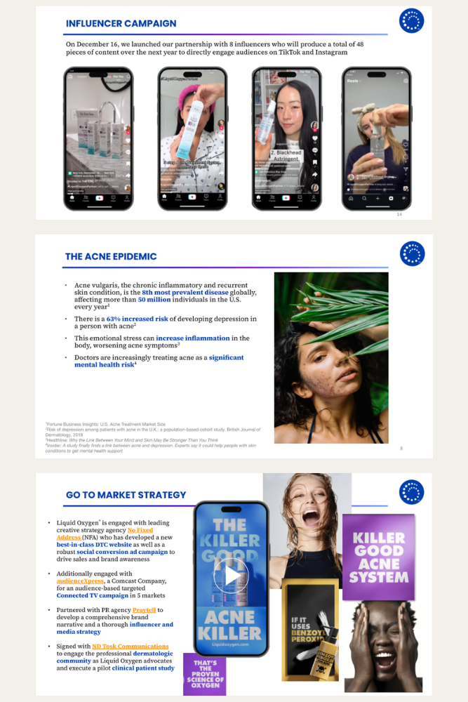 A cover image containing excerpted slides from an investment presentation for a skincare company